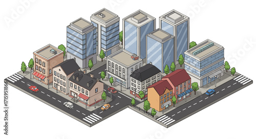 Isometric cityscape with buildings and streets in modern urban design
