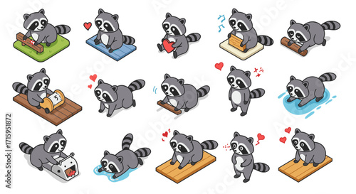 Playful raccoons in various cute activities, expressive cartoon characters