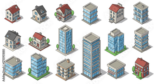 Isometric urban building set: diverse residential and commercial architecture collection