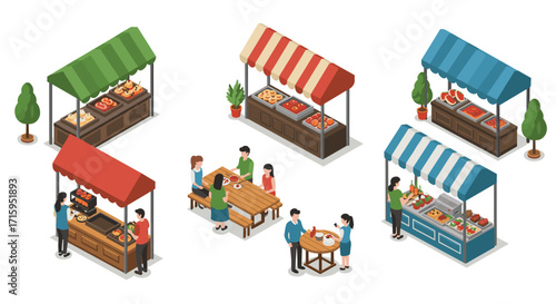 Isometric market stalls with diverse food options and social interactions