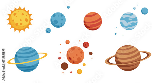 Colorful planetary set featuring sun and planets with different patterns and rings