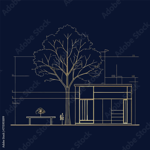 Architectural Drawings, Minimal style cad tree line drawing, Side view, set of section wetland forest outline for landscape design drawing. Vector illustration in seperate element
