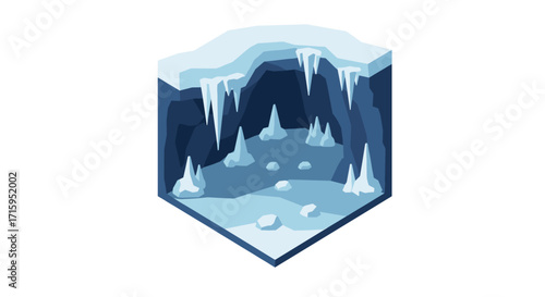 Isometric ice cave with stalactites and stalagmites in cool tones