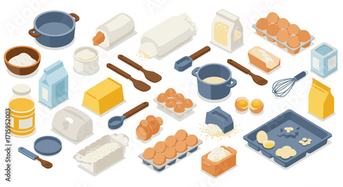 Essential baking ingredients and utensils in modern isometric style