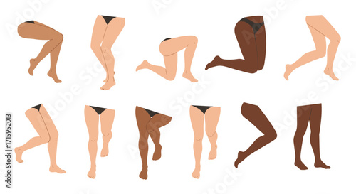 Diverse collection of women's leg poses in underwear on white background