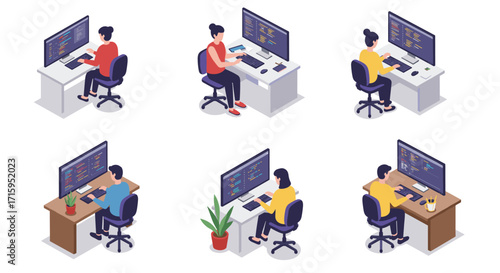 Isometric office workers coding at desks with computers and monitors