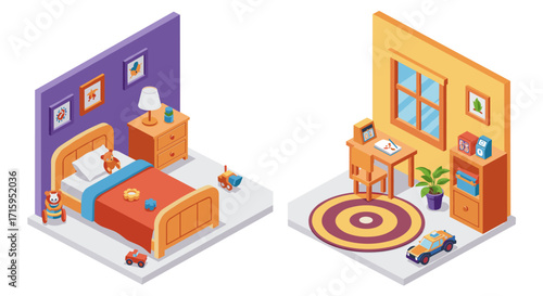 Colorful isometric children's room designs with toys and furniture