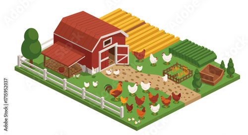 Isometric farm scene with chickens and barnyard in vibrant colors
