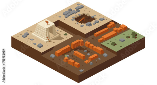 Isometric archaeological site with ancient ruins and excavation zones