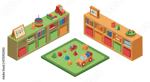 Isometric playroom with educational toys and bookshelves for kids learning