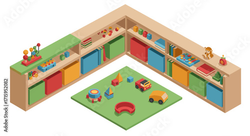 Cozy playroom with colorful toys and books on wooden shelves in isometric design