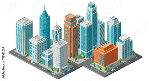Modern isometric cityscape with high-rise buildings and streets