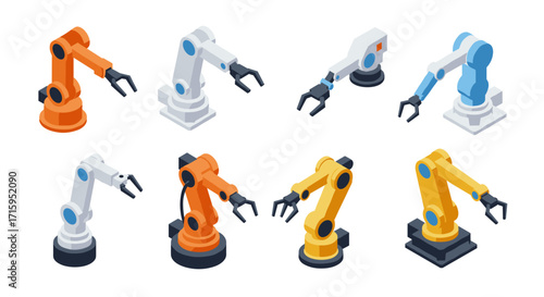 Industrial robotic arms collection with isometric designs in various colors