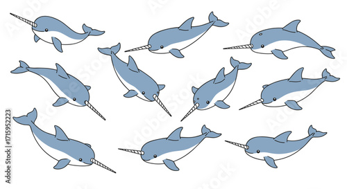 Playful cartoon narwhals seamlessly swimming in a whimsical pattern