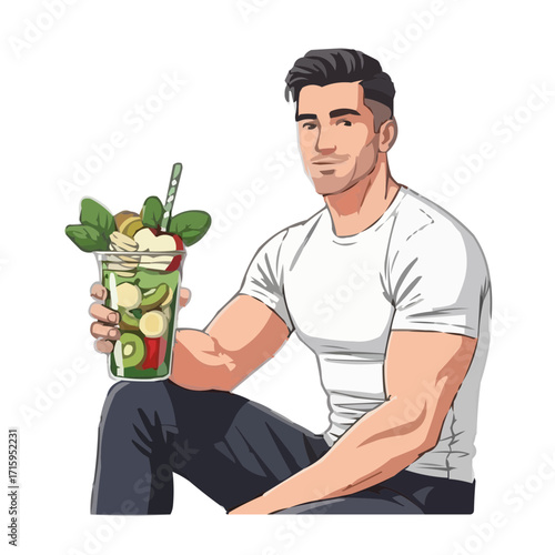 Muscular Man Drinking Green Detox Smoothie Vector