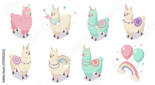 Colorful unicorn llamas with pastel balloons and rainbows