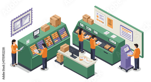 Busy post office scene with workers sorting packages in isometric design