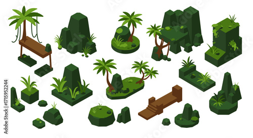 Isometric jungle elements with trees, rocks, and platforms for game design