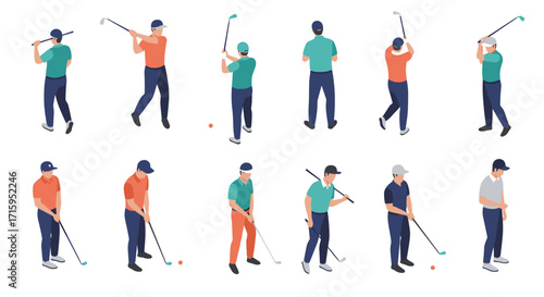 Isometric golf players in various poses on white background