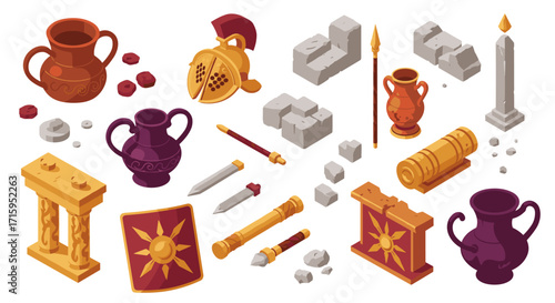 Ancient roman artifacts collection featuring pottery, columns, weapons, and helmets in isometric design