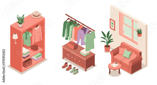 Cozy isometric interior with stylish wardrobe and living room decor