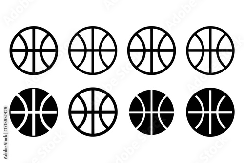 A set of eight basketball icons arranged in two rows with varying fill styles and outlines