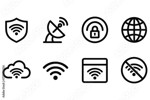 Illustration featuring a collection of black and white wifi and network related icons set on white