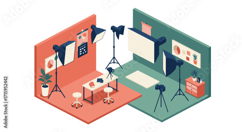 Professional photography studio setup with lighting equipment in isometric style