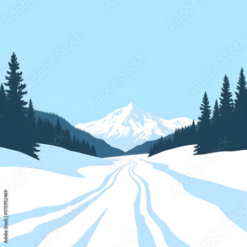 Tranquil winter landscape with ski tracks in snow, serene adventure
