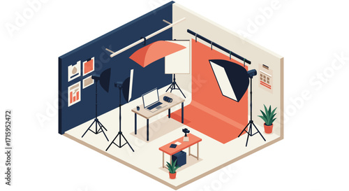 Isometric photography studio setup with lighting equipment and backdrops