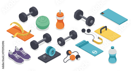 Isometric fitness equipment set featuring dumbbells, yoga mat, and sports accessories for home workout