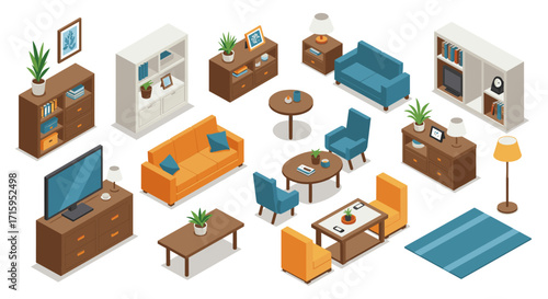 Isometric living room furniture set with sofas, shelves, and accessories