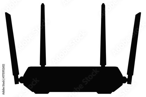 Silhouette depiction of a modern wireless router with four antennas standing upright on a surface