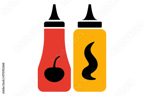 Illustration of ketchup and mustard bottles side by side with black caps and labels design on it
