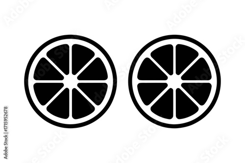 Two black and white stylized lemon or orange slice halves with radial segments on white backdrop