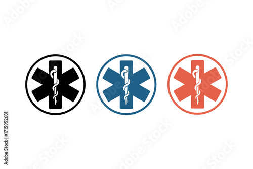 Three medical symbols star of life in black blue and red colors isolated on white background