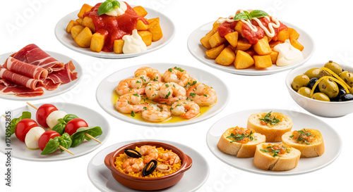 Assortment of spanish tapas dishes isolated on transparent background