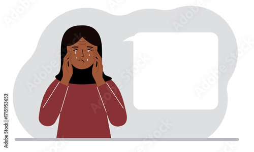 Upset woman cries and holds his head with his hands. The concept of resentment, pain and depression.