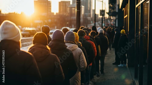 Group of people waiting in a long line outdoors during winter at sunset in an urban city street scene.