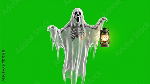 Spooky transparent ghost with skeleton inside holding a glowing lantern, isolated on green background.