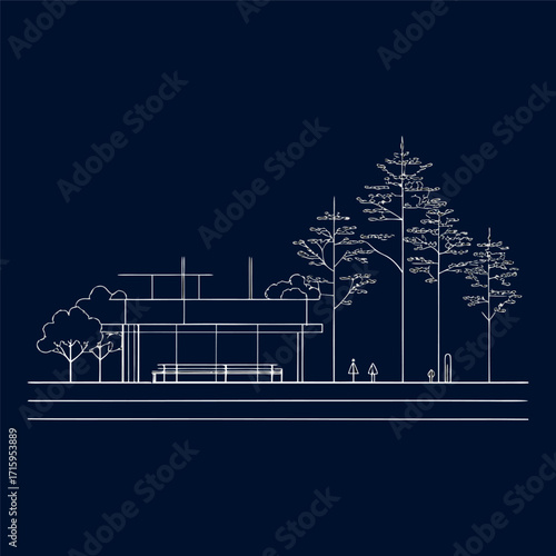 Architectural Drawings, Minimal style cad tree line drawing, Side view, set of section wetland forest outline for landscape design drArchitectural Drawings, Minimal style cad tree line drawing,