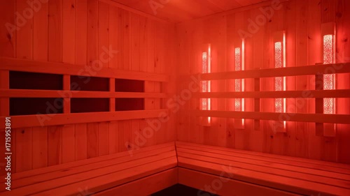 Inside a Red Light Therapy Sauna at a Health Spa During Daytime, Featuring Wooden Benches and Interior Paneling