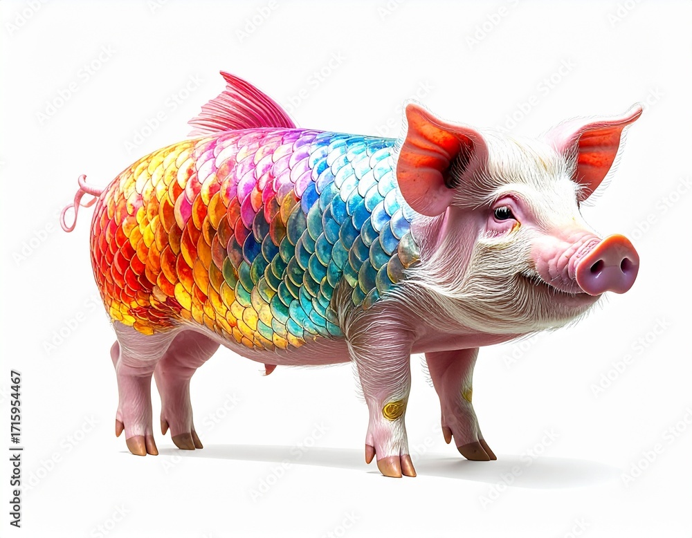 Fototapeta premium Whimsical pig with iridescent scales stands proudly against a white backdrop, showcasing vibrant colors and a fantastical, dreamlike quality.
