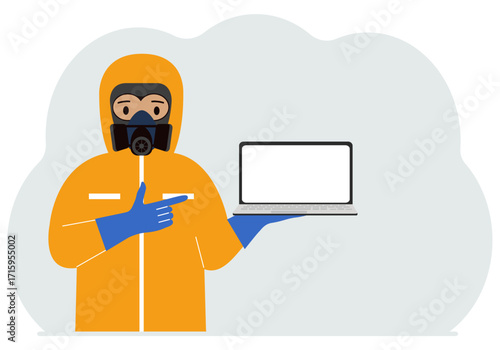 A man in a yellow radiation protective suit and a helmet with a respirator, chemical or biological safety uniform. Vector