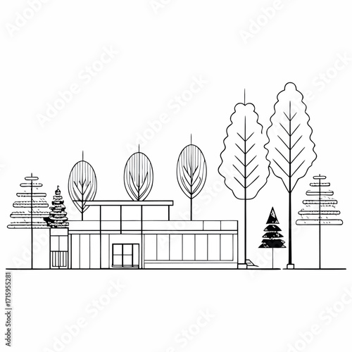 Architectural Drawings, Minimal style cad tree line drawing, Side view, set of section wetland forest outline for landscape design drArchitectural Drawings, Minimal style cad tree line drawing,