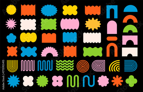 Abstract geometric shapes and icons. Colorful groovy brutal figures. Modern Swiss design aesthetic
