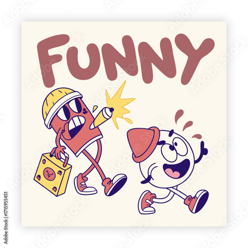 A hilarious vintage cartoon illustration featuring a funny chase with retro mascot characters. A determined construction sharpener is running after a scared cone-headed friend