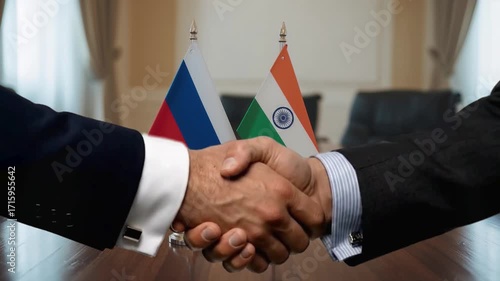Dynamic handshake seals momentous Russia India international business partnership agreement in professional boardroom setting