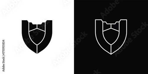 A modern shield-shaped vector illustration icon with a minimalist geometric style. This design features a symmetrical shape resembling a flower or abstract symbol, available in both solid and outline 