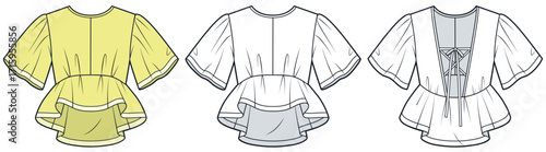 Peplum Blouse with lace-up back Technical Fashion Illustration. Women Top fashion flat technical drawing template, front and back view, white, yellow, women CAD mockup set.